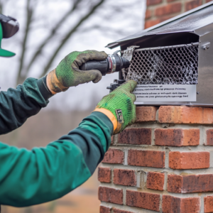 Reliable Chimney Cap Installation 1 professional chimney technician installing a stainless steel chimney cap on top of a brick chimney