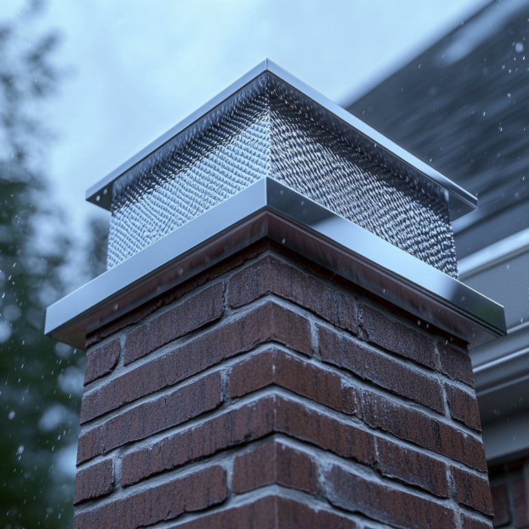 tainless steel chimney chase cover installed on top of a brick chimney