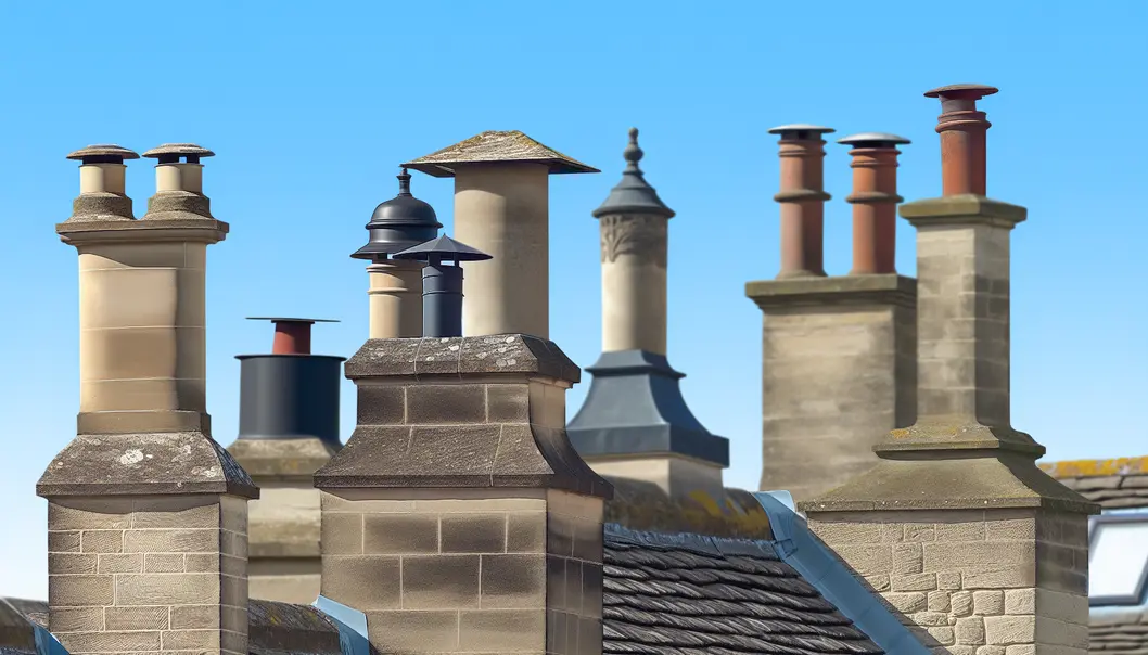 Illustration of various chimney caps and dampers showcasing types and material options.
