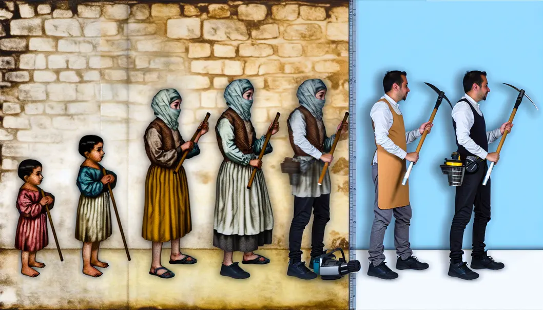 A visual comparison of an old chimney and modern buildings, showing the evolution of the chimney sweeps profession.