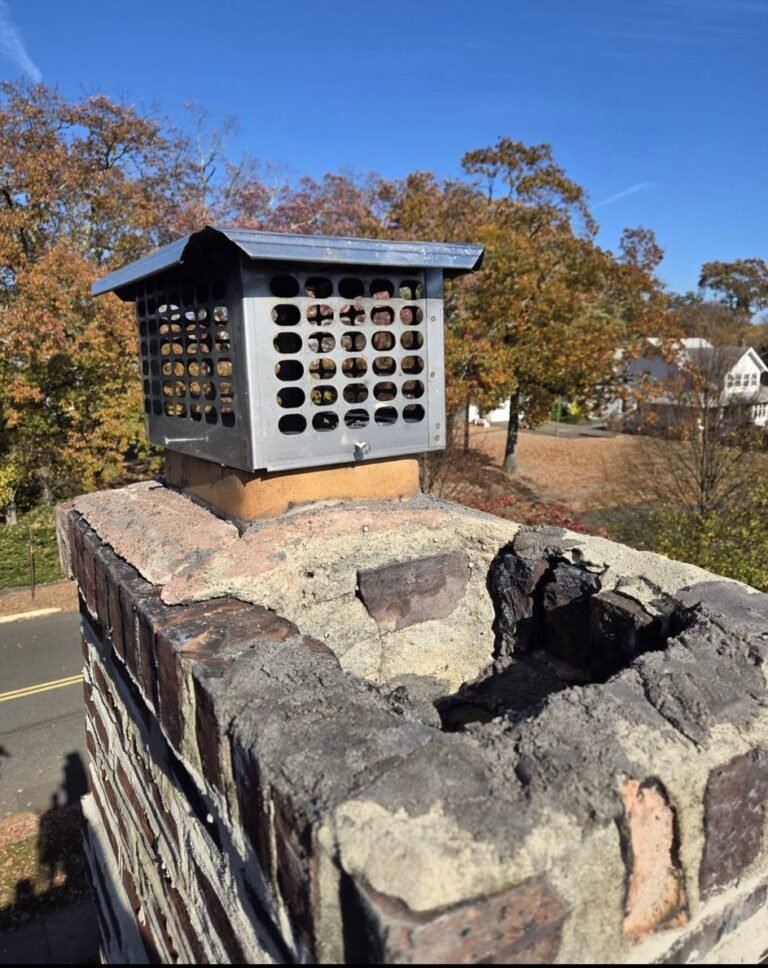 "Professional mason performing expert chimney brick repair and restoration."